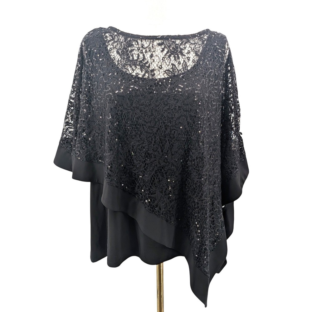 Black Sequin Lace Poncho Blouse Layered Asymmetrical Party Evening Top XL